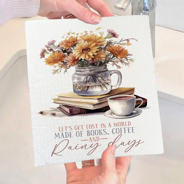 Swedish Sponge Dish Cloth | Autumn Fall Books & Coffee Rainy Day