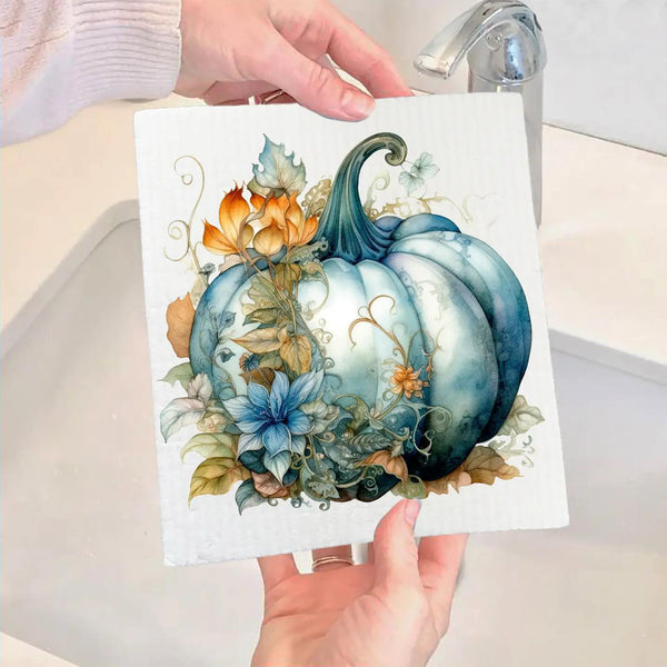 Swedish Sponge Dish Cloth | Fall Autumn Blue Pumpkin Flowers