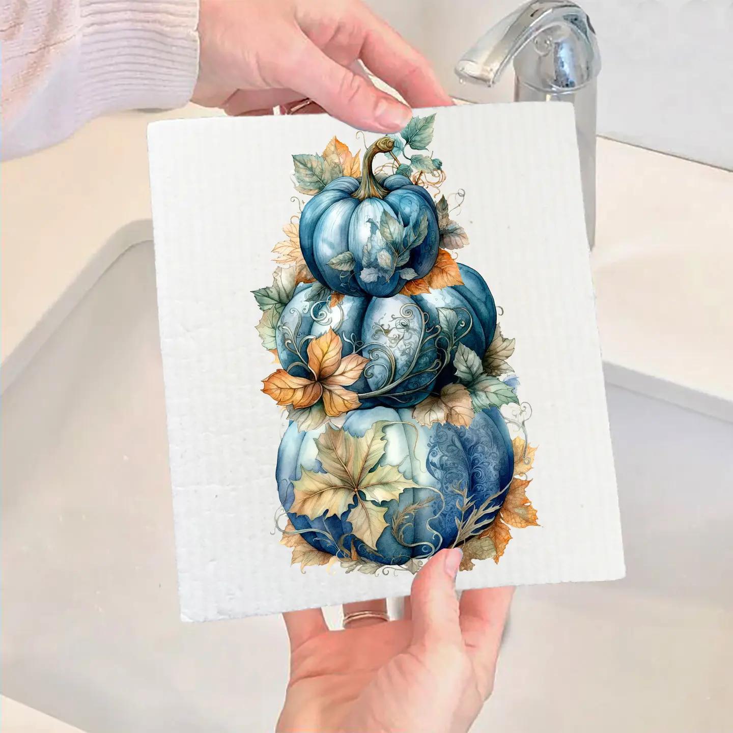 Swedish Sponge Dish Cloth | Fall Autumn Stacked Blue Pumpkins