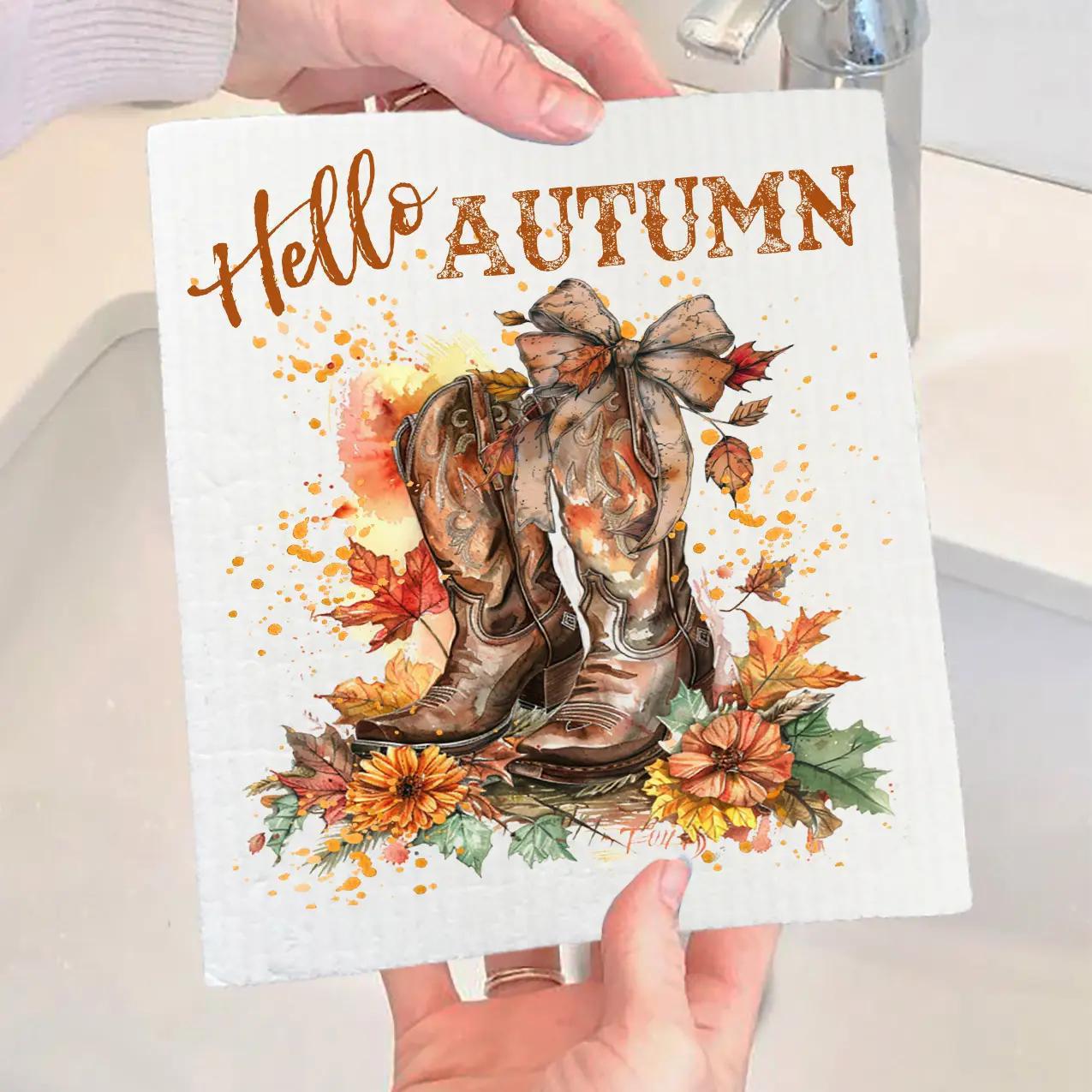 Swedish Sponge Dish Cloth | Hello Autumn Fall Cowboy Boots