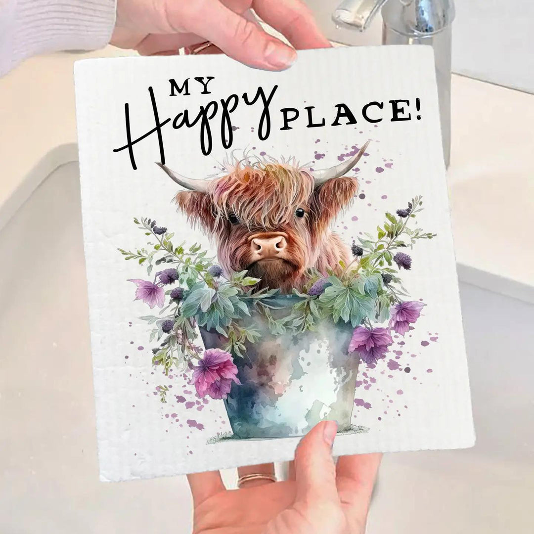 Swedish Sponge Dish Cloth | Highland Cow My Happy Place Swedish Sponge Dish Cloth | Highland Cow My Happy Place