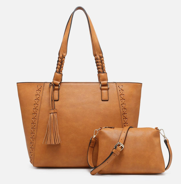Lisa Structured Tote Set w/ Braided Accents Tan