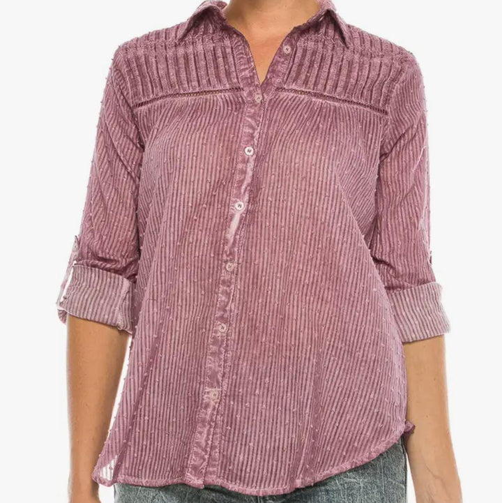 Textured Button-Down Shirt with Lace Inserts and Embroidery | Pink