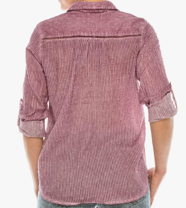 Textured Button-Down Shirt with Lace Inserts and Embroidery | Pink