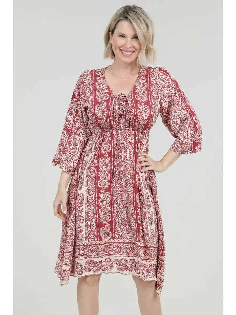 Tie Neck Printed Hanky Hem Dress CINNAMON Tie Neck Printed Hanky Hem Dress CINNAMON