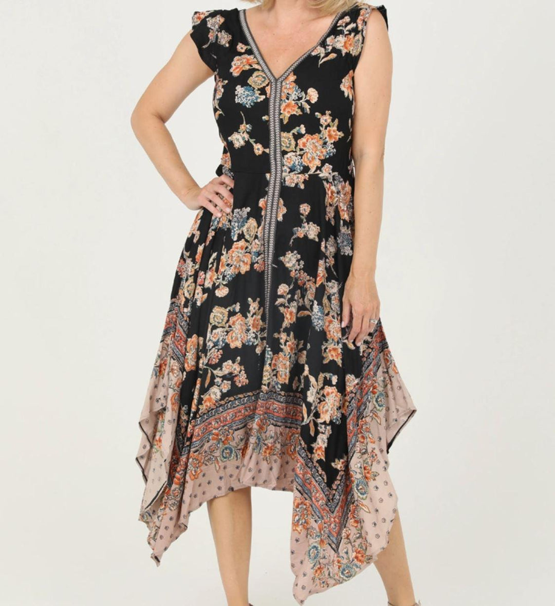 V-Neck Hanky Hem Maxi Dress