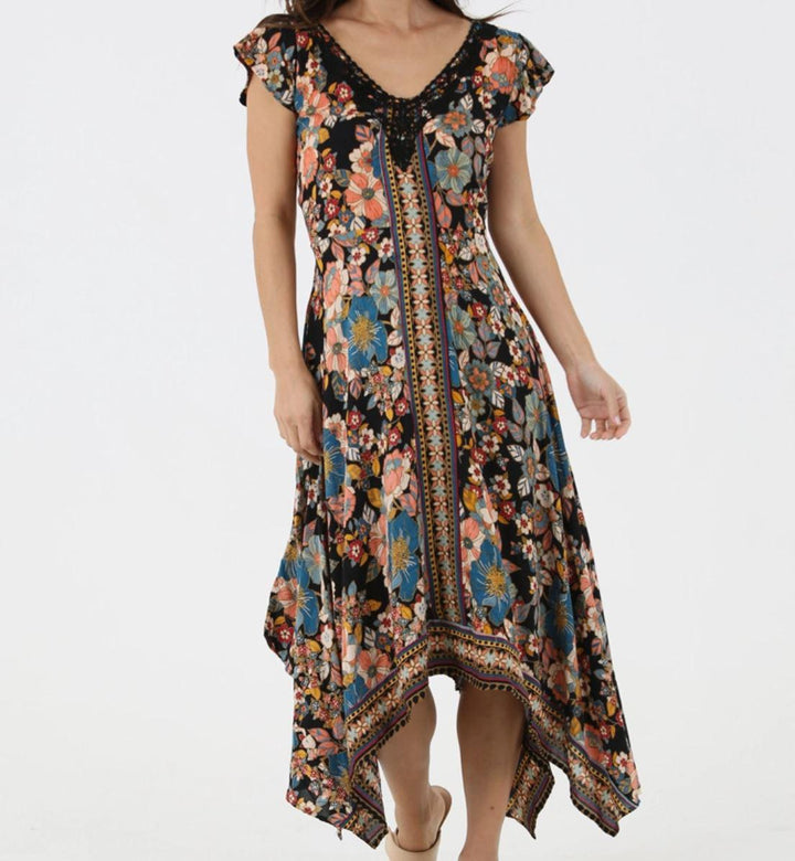 V Neck Lace Trim Hanky Hem Maxi Dress