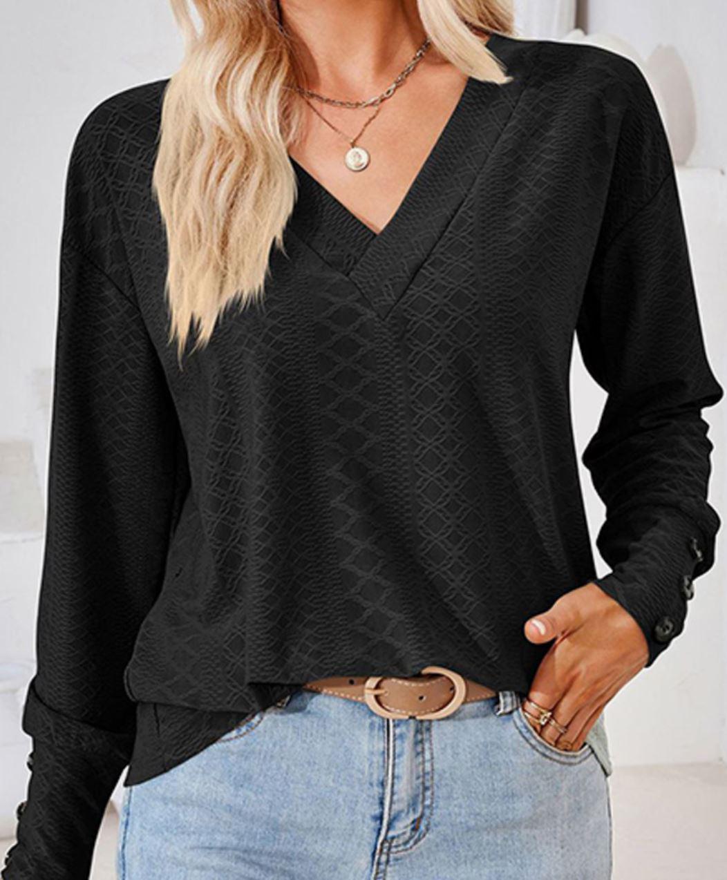 V Neck Long Sleeve Top with Buttoned Cuff | Black