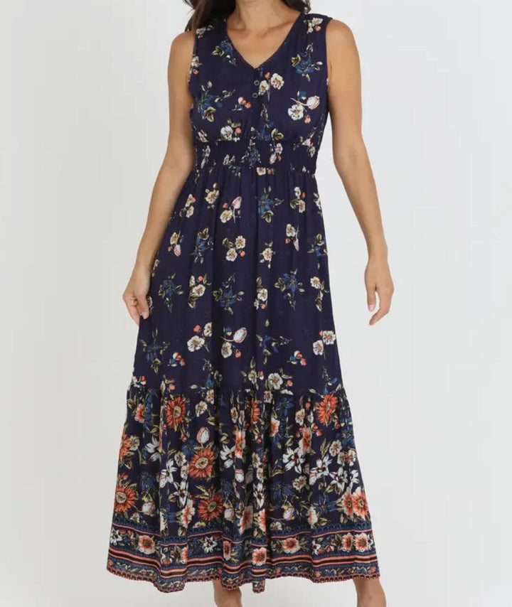 V Neck Smocked Waist Maxi Dress