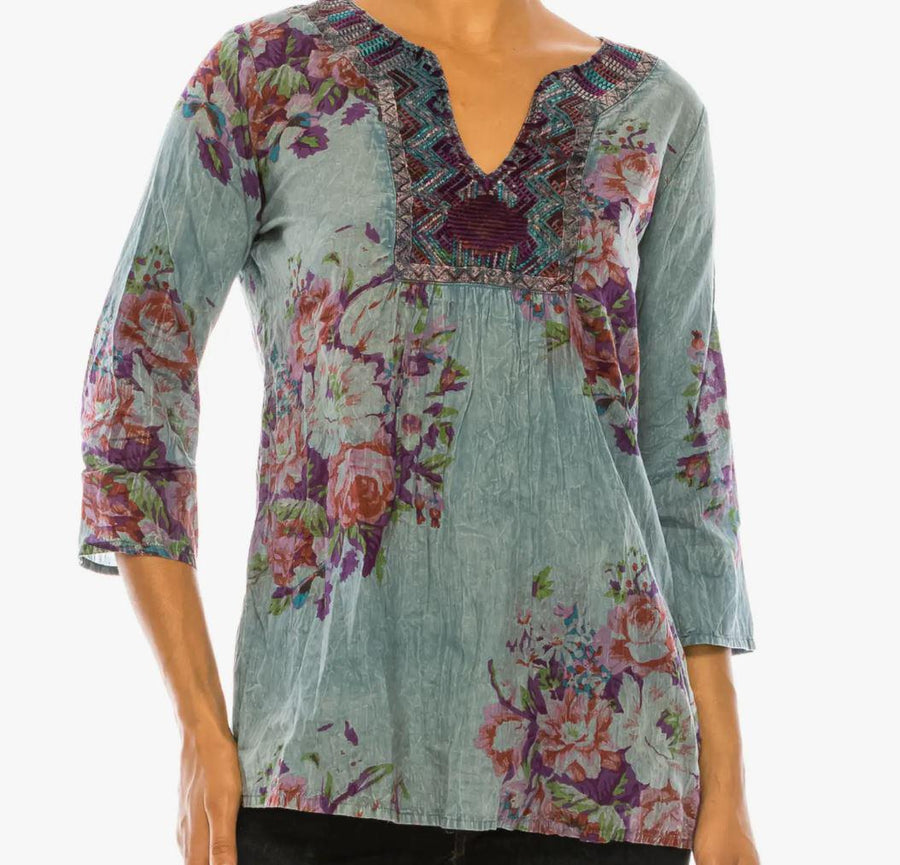 Vintage Blue Boho Floral Tunic with Embroidery | Blue