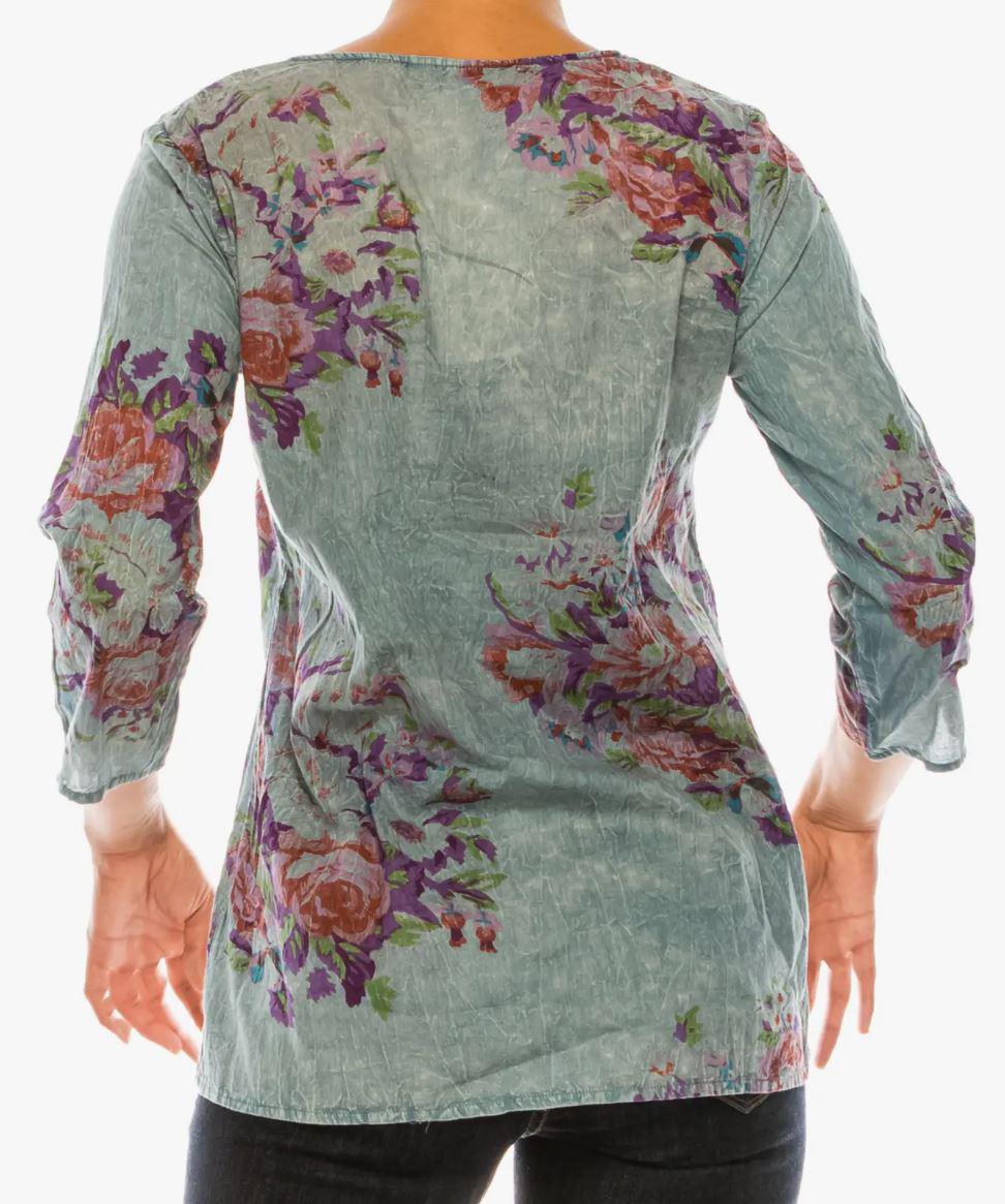 Vintage Blue Boho Floral Tunic with Embroidery | Blue