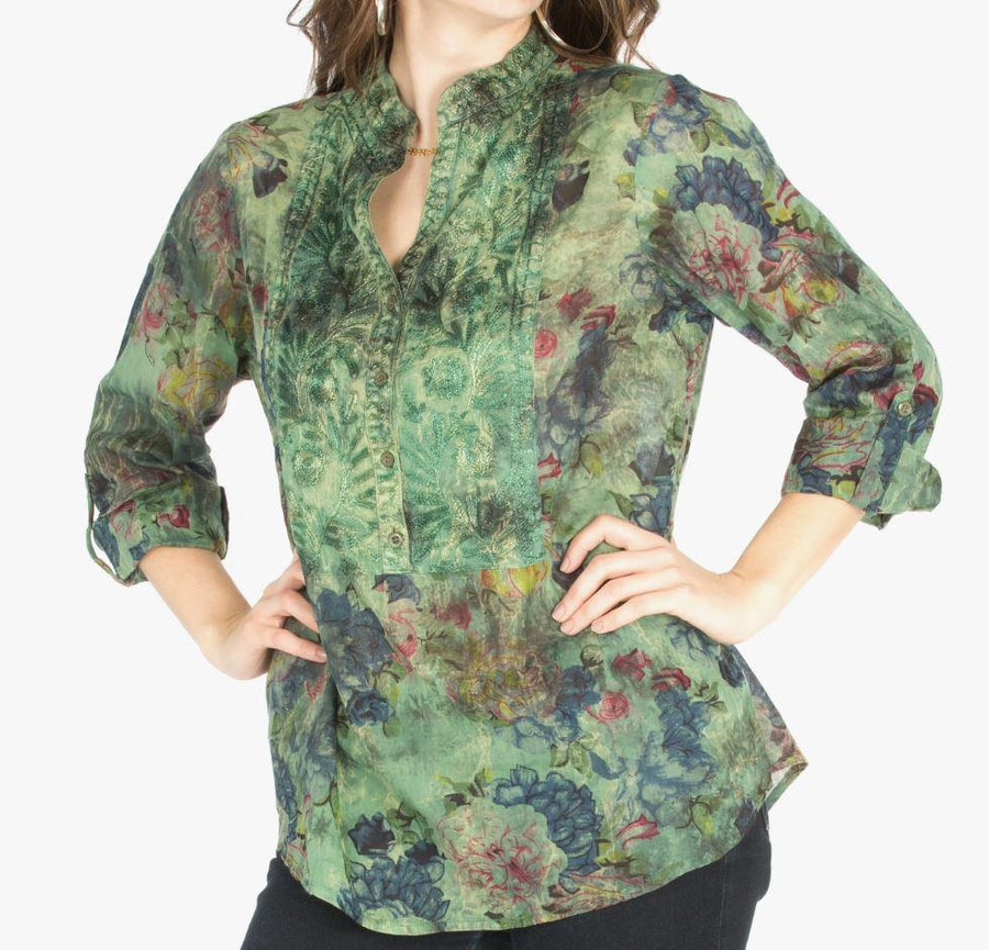 Vintage Blue Boho Floral Tunic with Embroidery | Green