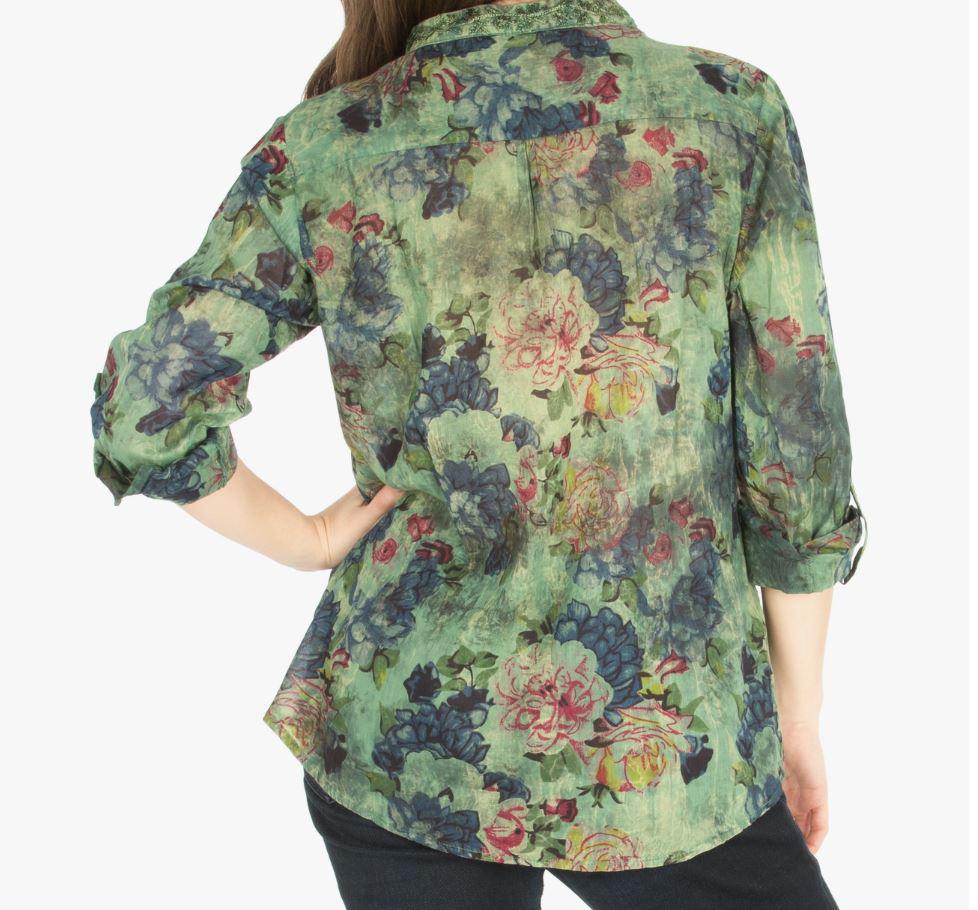 Vintage Blue Boho Floral Tunic with Embroidery | Green