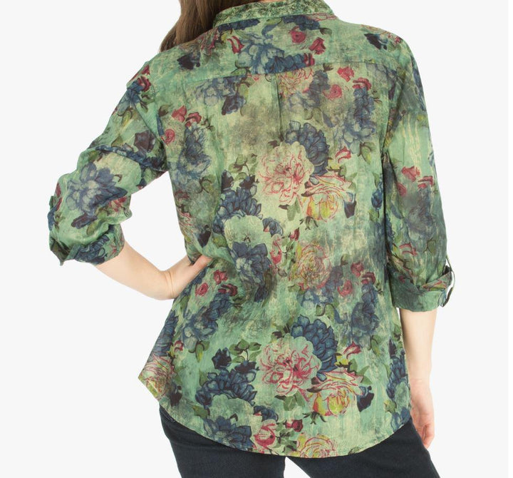 Vintage Blue Boho Floral Tunic with Embroidery | Green