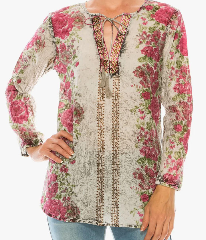 Vintage Boho Blouse with Embroidery and Drawstrings