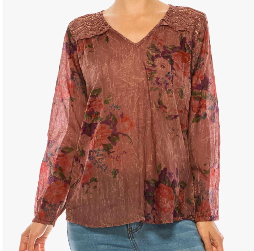 Vintage Boho Blouse with Lace Appliqué | Dark Wine