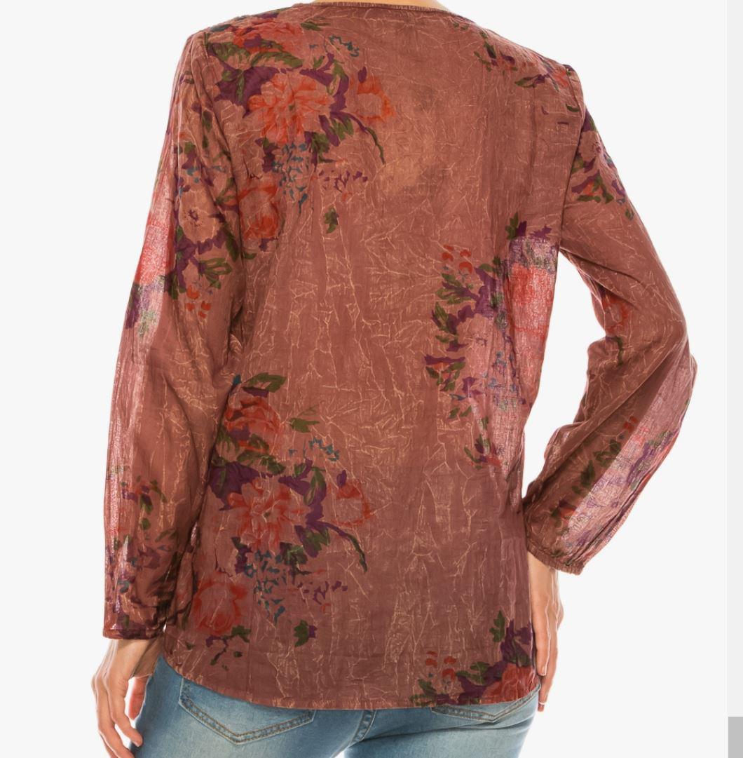 Vintage Boho Blouse with Lace Appliqué | Dark Wine