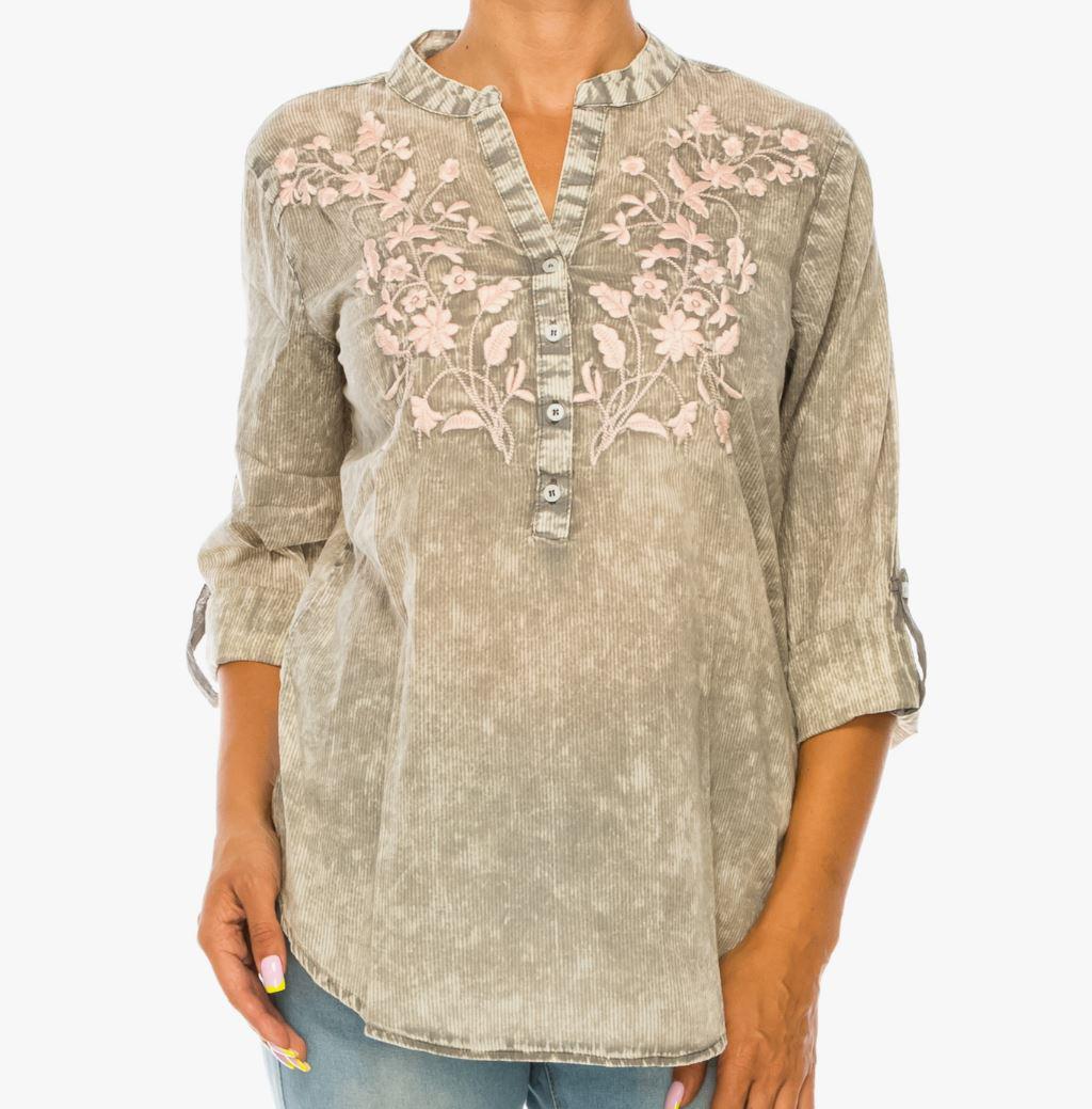 Vintage Half Button Down Tunic with Floral Embroidery