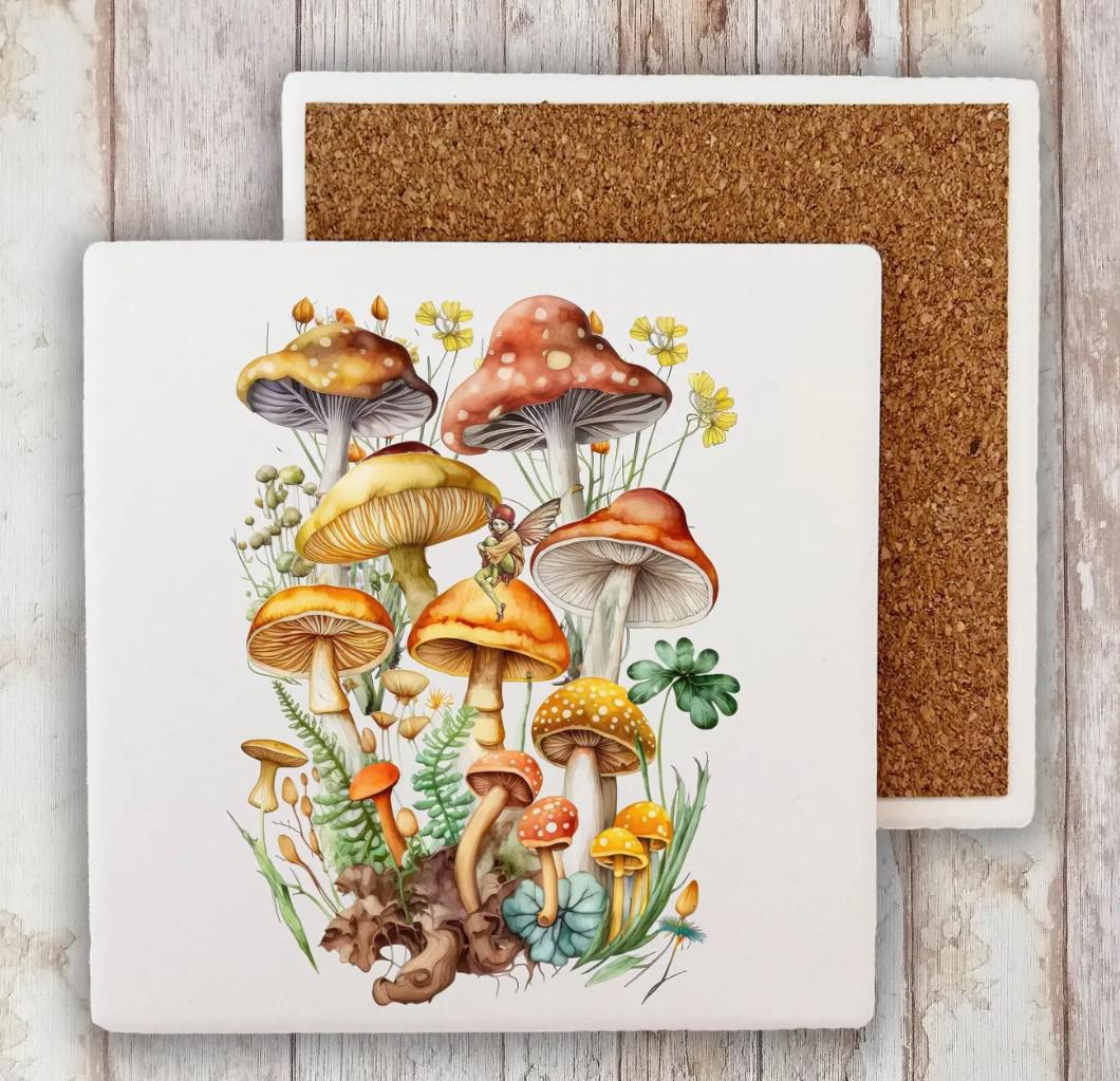 Decorative Stone Coaster Vintage Mushrooms Botanicals