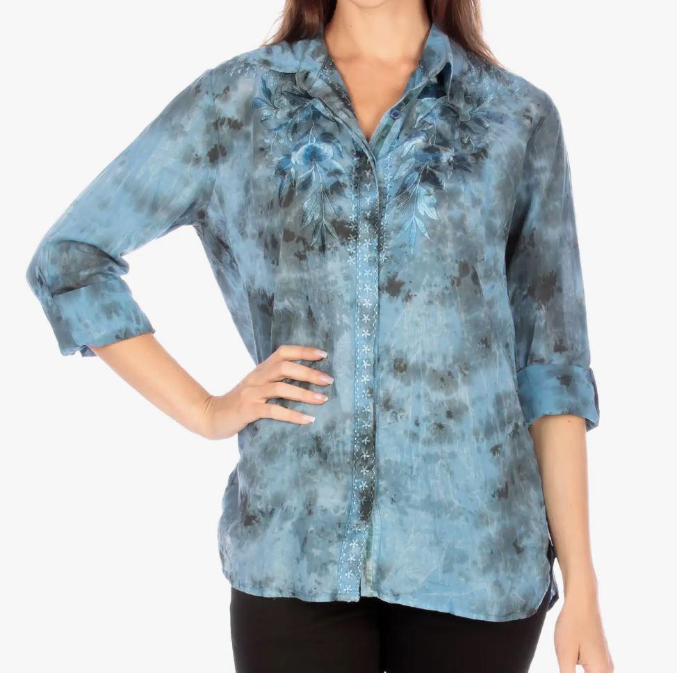 Vintage Tie Dye Button-Down Shirt with Embroidery