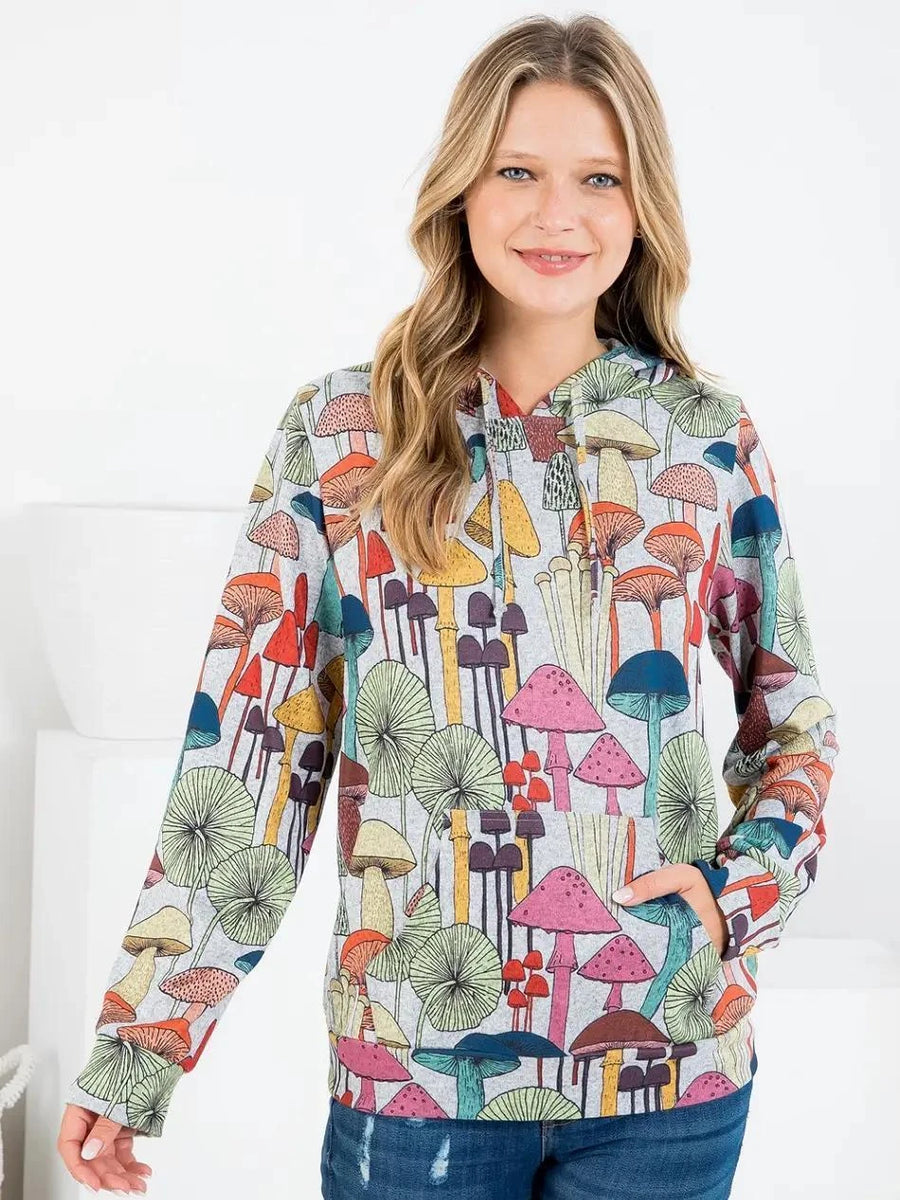 Whimsical Mushroom Print Hoodie with Pocket Whimsical Mushroom Print Hoodie with Pocket