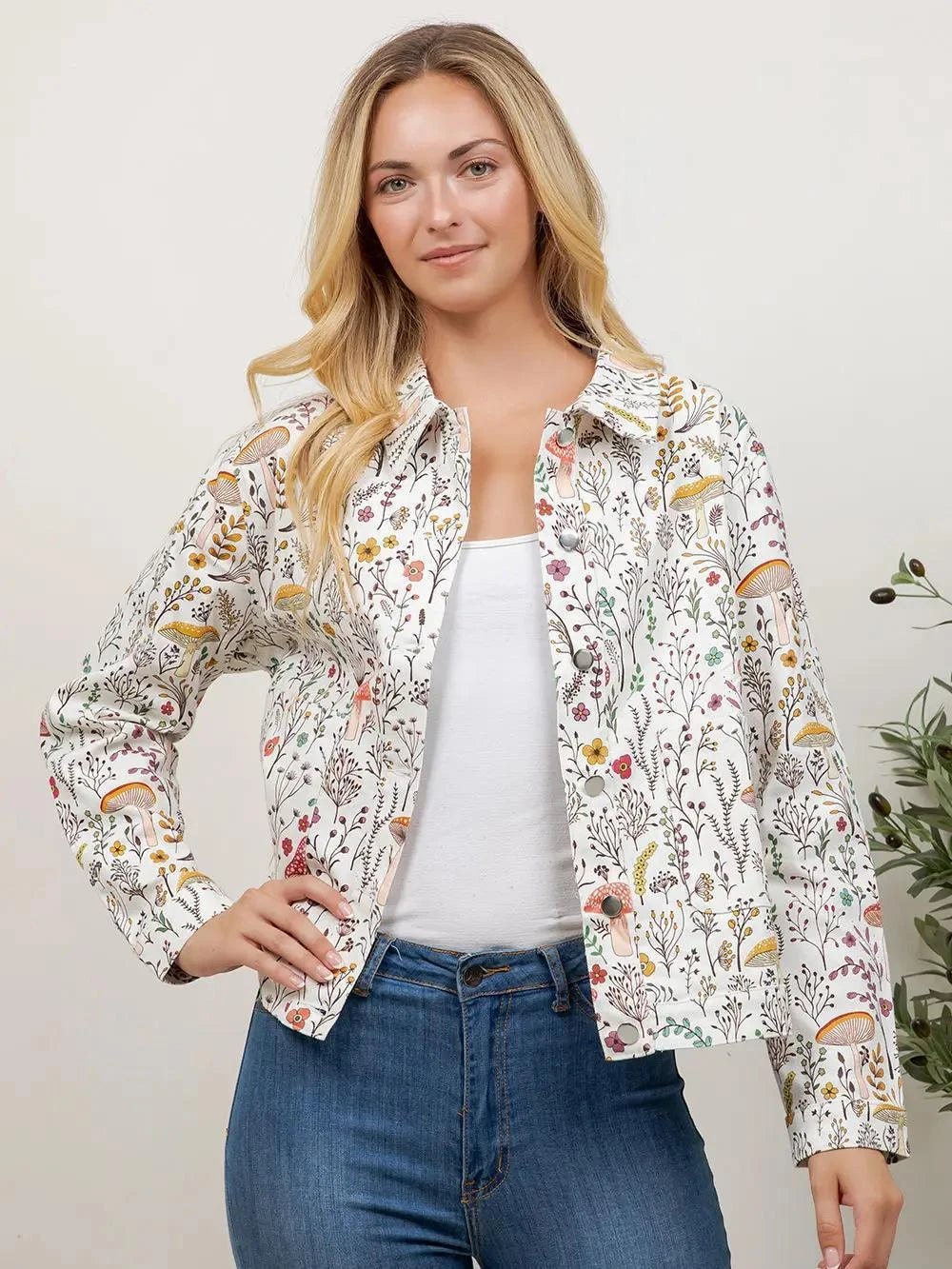 Whimsical Woodland Mushroom & Wildflower Print Jacket Whimsical Woodland Mushroom & Wildflower Print Jacket
