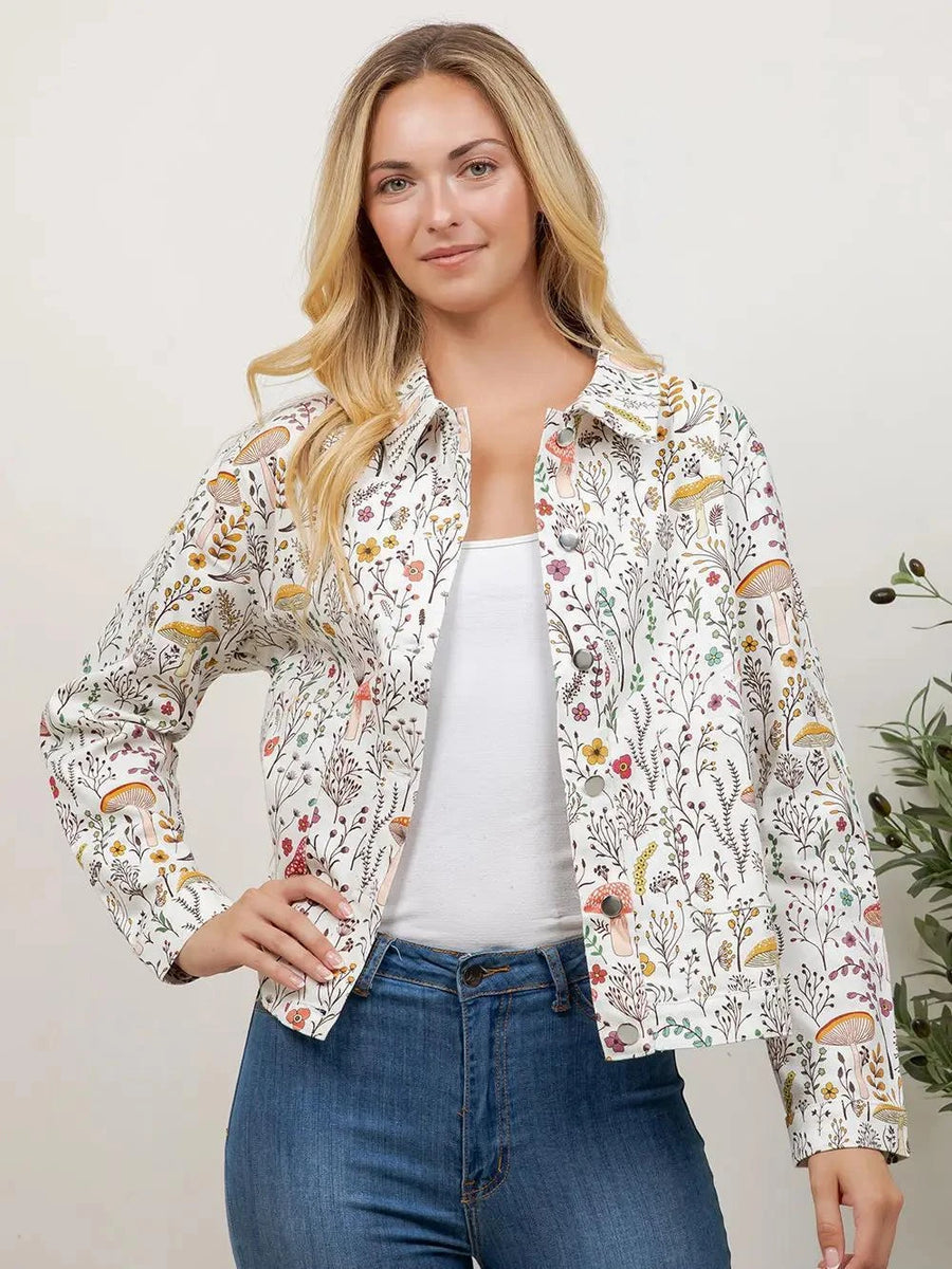 Whimsical Woodland Mushroom & Wildflower Print Jacket Whimsical Woodland Mushroom & Wildflower Print Jacket