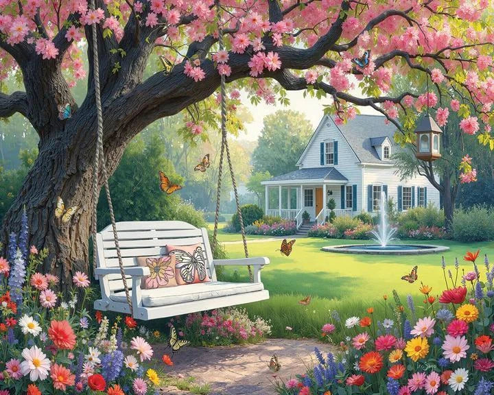 White Mountain  Jigsaw Puzzle | Under Pink Blooms White Mountain  Jigsaw Puzzle | Under Pink Blooms
