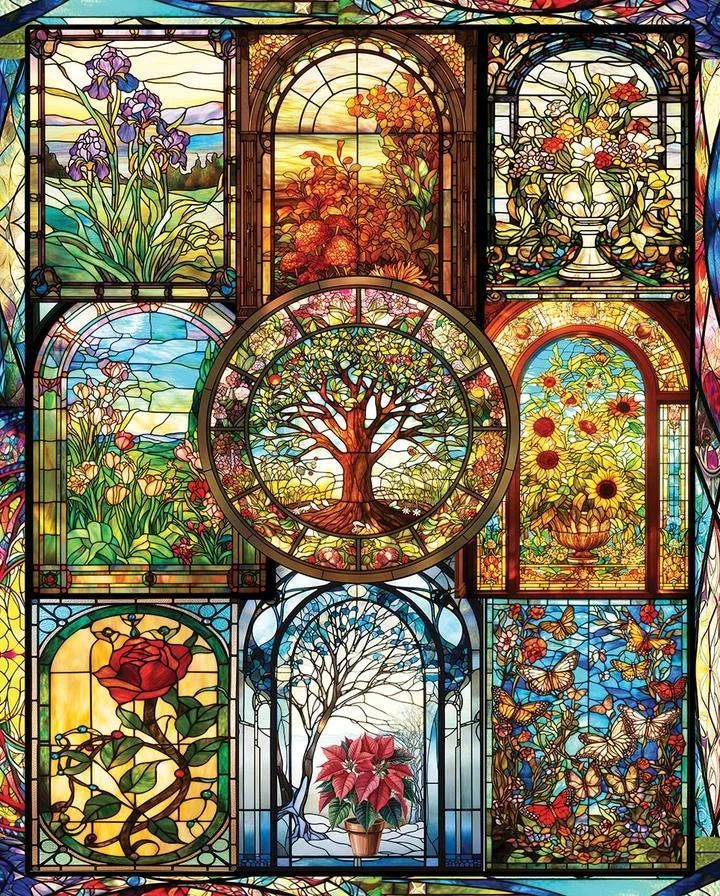 White Mountain Puzzle | Four Season Stained Glass (2139pz) - 1000 Piece Jigsaw Puzzle White Mountain Puzzle | Four Season Stained Glass (2139pz) - 1000 Piece Jigsaw Puzzle