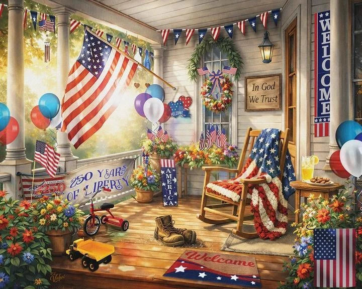 White Mountain Puzzle | Patriotic Porch (2232pz) - 1000 Piece Jigsaw Puzzle White Mountain Puzzle | Patriotic Porch (2232pz) - 1000 Piece Jigsaw Puzzle