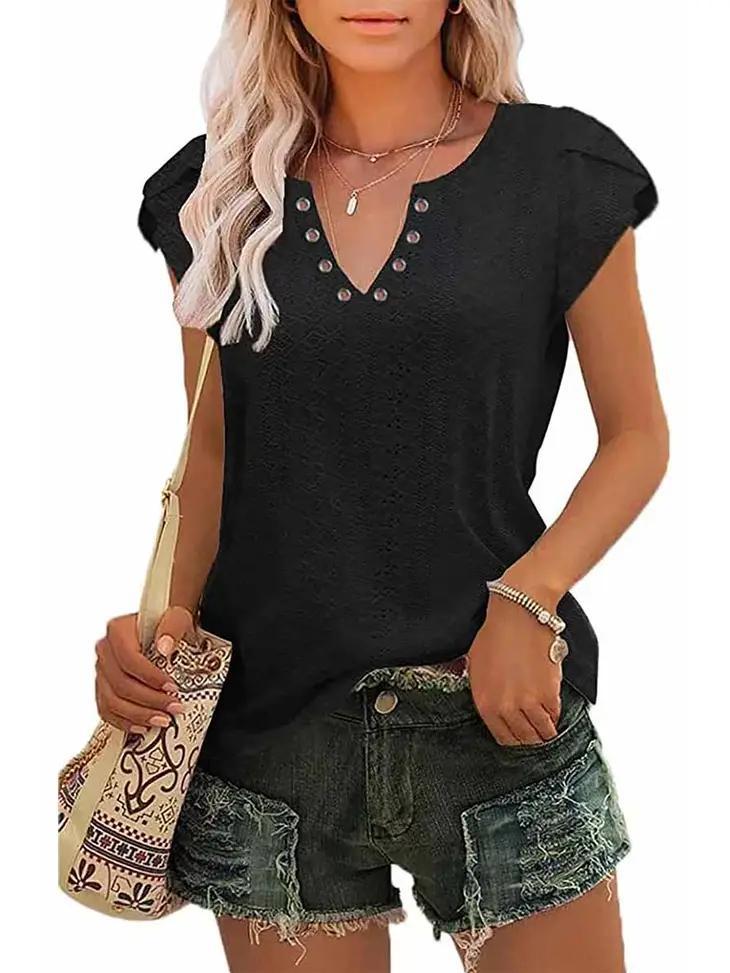 Women's Buckled V-Neck Punching Lace Tulip Sleeve Tee | Black