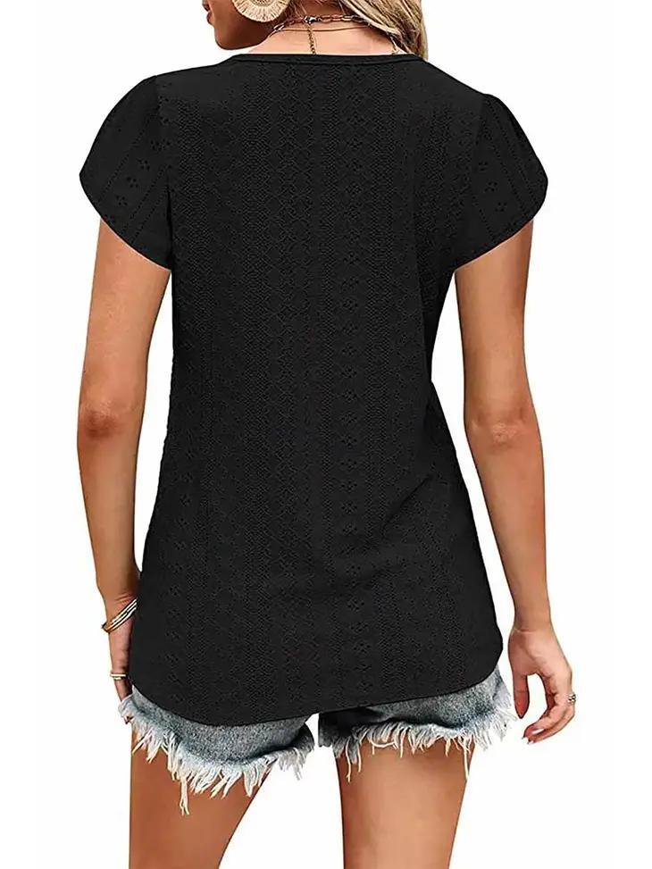 Women's Buckled V-Neck Punching Lace Tulip Sleeve Tee | Black