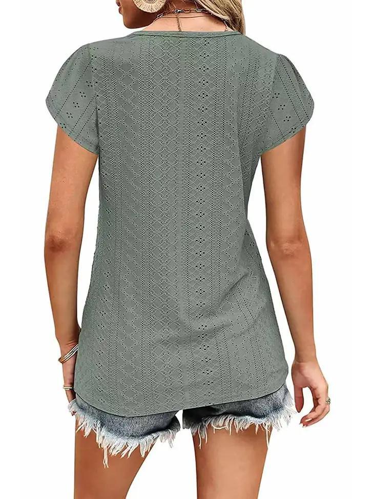 Women's Buckled V-Neck Punching Lace Tulip Sleeve Tee | Dark Green