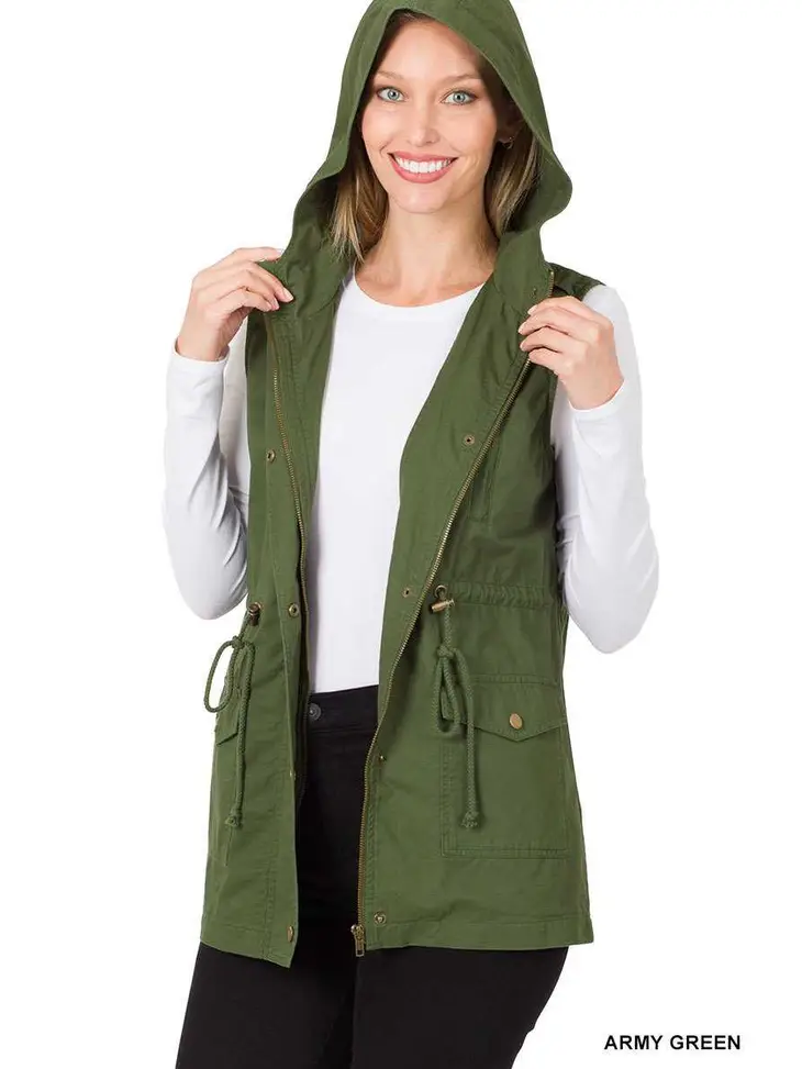 Women's Drawstring Waist Military Hoodie Vest | Army Green