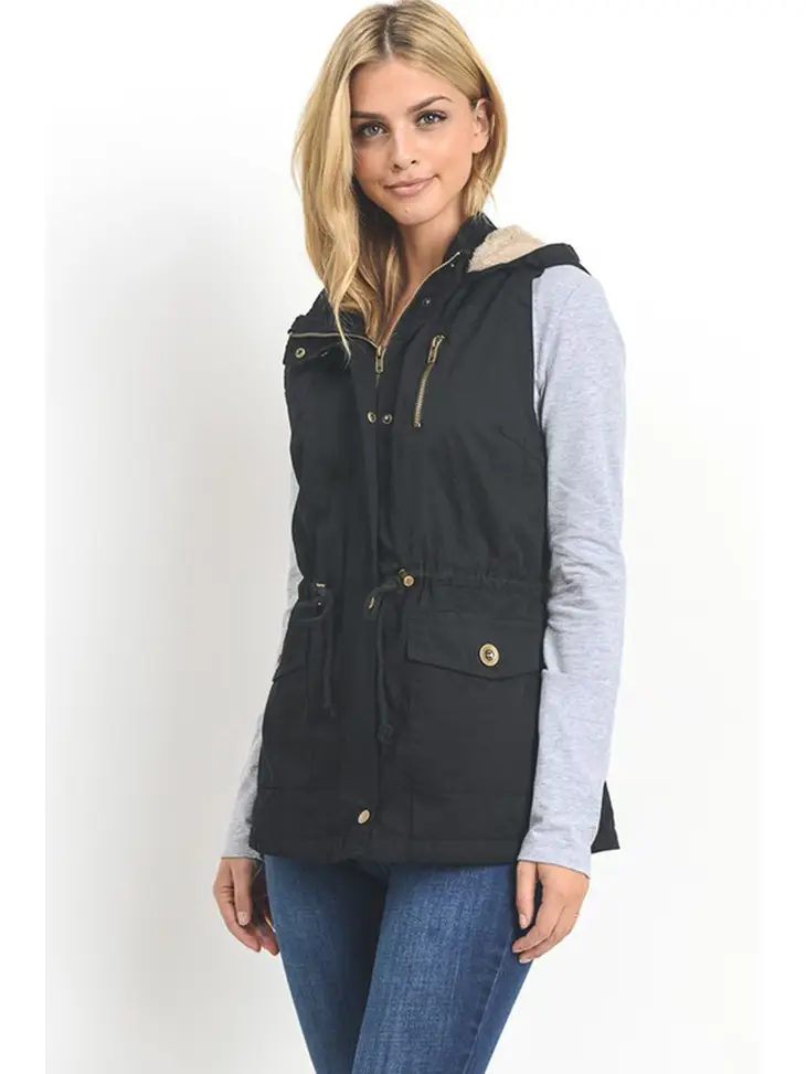 Women's Faux Fur Lined Hooded Twill Vest | Black