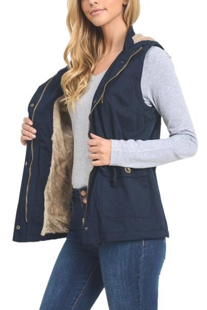 Women's Faux Fur Lined Hooded Twill Vest | Navy