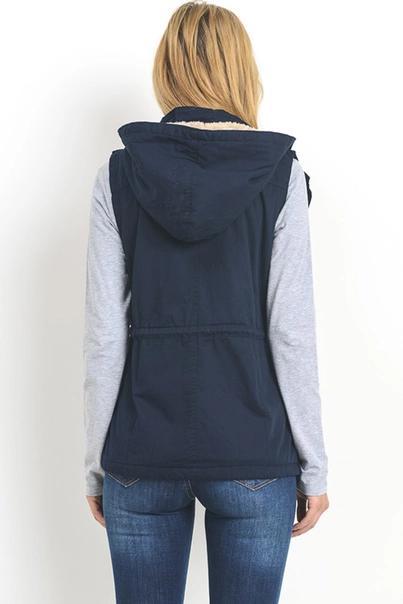 Women's Faux Fur Lined Hooded Twill Vest | Navy