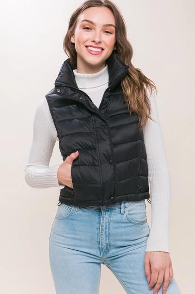 Women's High Neck Zip Up Puffer Vest with Storage Pouch | Black