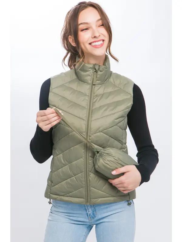 Women's High Neck Zip Up Puffer Vest with Storage Pouch | Moss