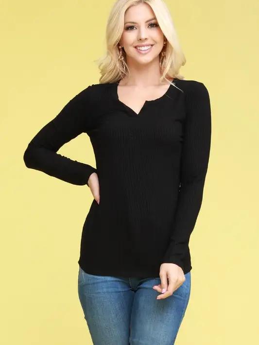 Women's Placket Neck Long Sleeve Rib Top | Black