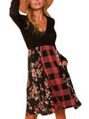 Women's Rib Surplice Plaid & Floral Twofer Dress | Black & Mauve