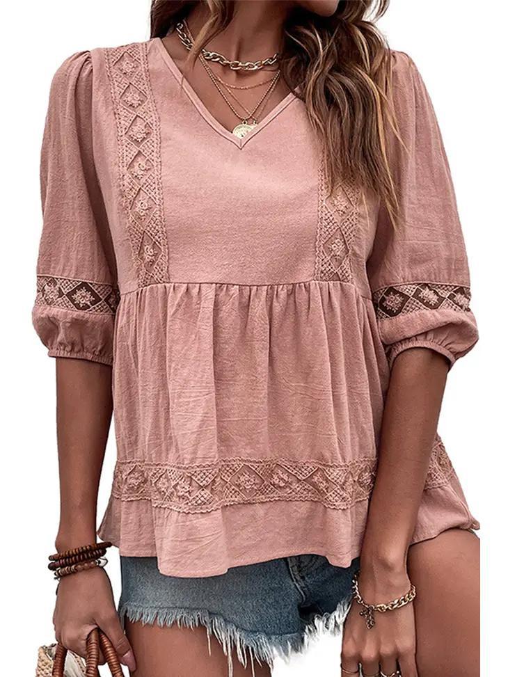 Women's V-Neck Puff Punching Lace Point Ruffle Blouse | Pink