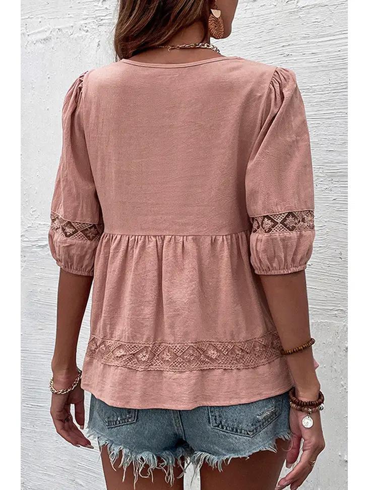 Women's V-Neck Puff Punching Lace Point Ruffle Blouse | Pink