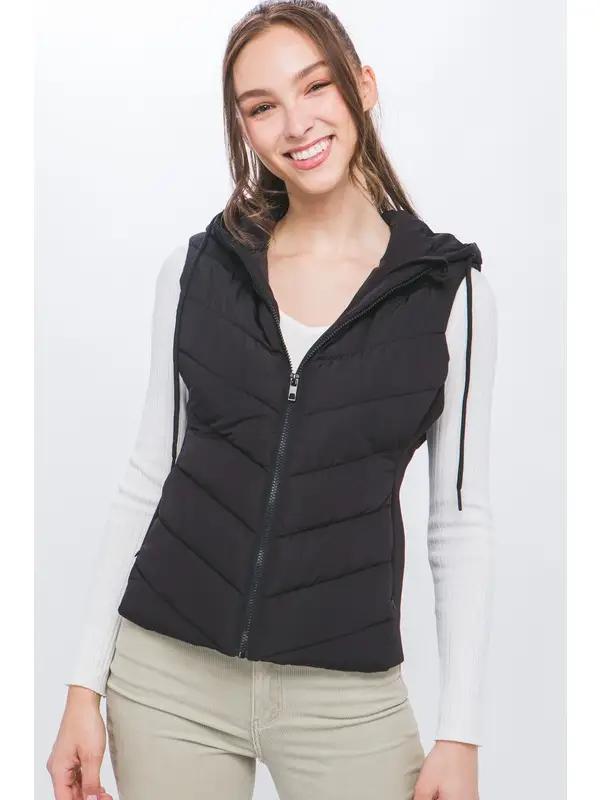 Women's Zip Up Hooded Chevron Puffer Vest | Black