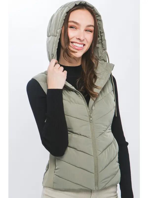 Women's Zip Up Hooded Chevron Puffer Vest | Moss