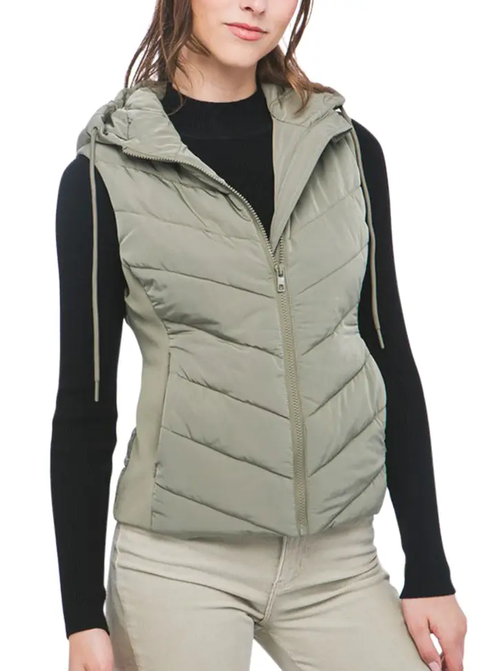 Women's Zip Up Hooded Chevron Puffer Vest | Moss