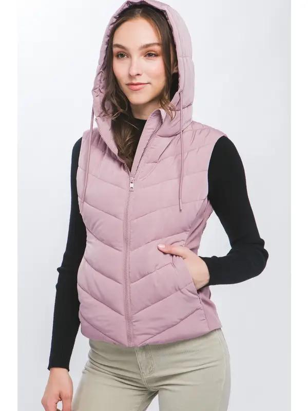 Women's Zip Up Hooded Chevron Puffer Vest | Pink Mauve