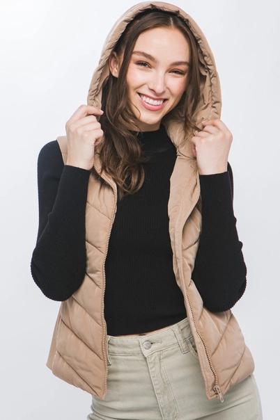 Women's Zip Up Hooded Chevron Puffer Vest | Taupe