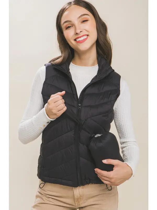 Women's Zip Up Puffer Vest with Storage Pouch | Black