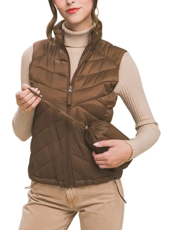 Women's Zip Up Puffer Vest with Storage Pouch | Cocoa